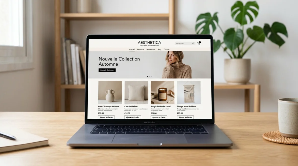 Ordinateur portable affichant une interface de boutique en ligne professionnelle sur un bureau minimaliste pour ecommerce-concept.fr.