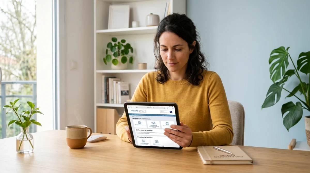 Personne consultant sereinement son espace personnel sur tablette pour comprendre un prélèvement SGC dans un bureau moderne.