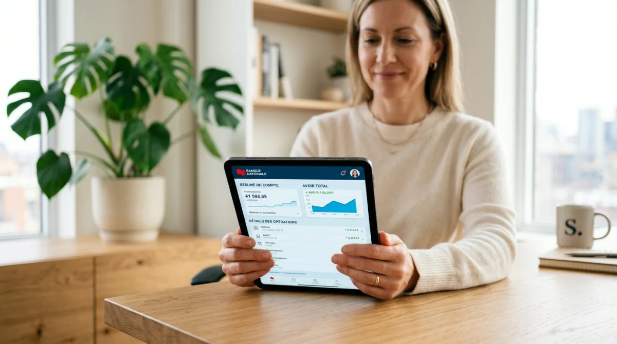 Personne consultant sereinement son relevé bancaire sur une tablette pour comprendre le prélèvement SGC.