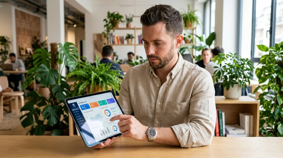 Professionnel consultant un tableau de bord numérique sur tablette dans un espace de travail moderne pour pme-actu.fr.