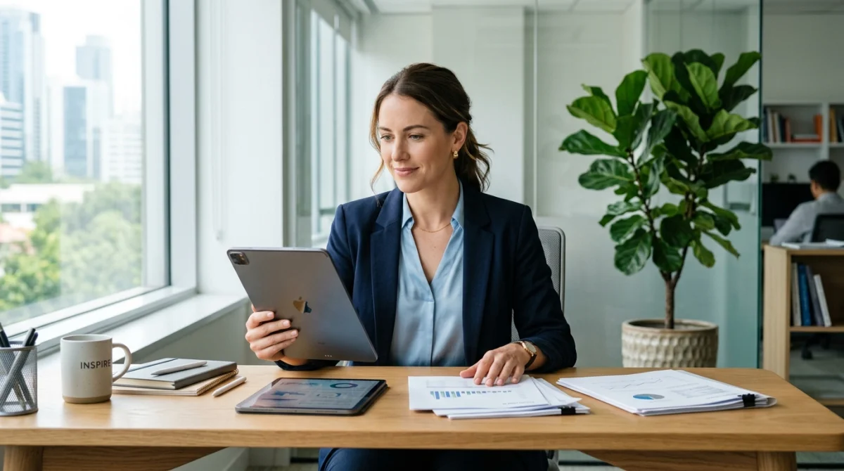 Professionnel consultant une tablette et des documents sur un bureau moderne et lumineux pour avenir-entreprise.fr.