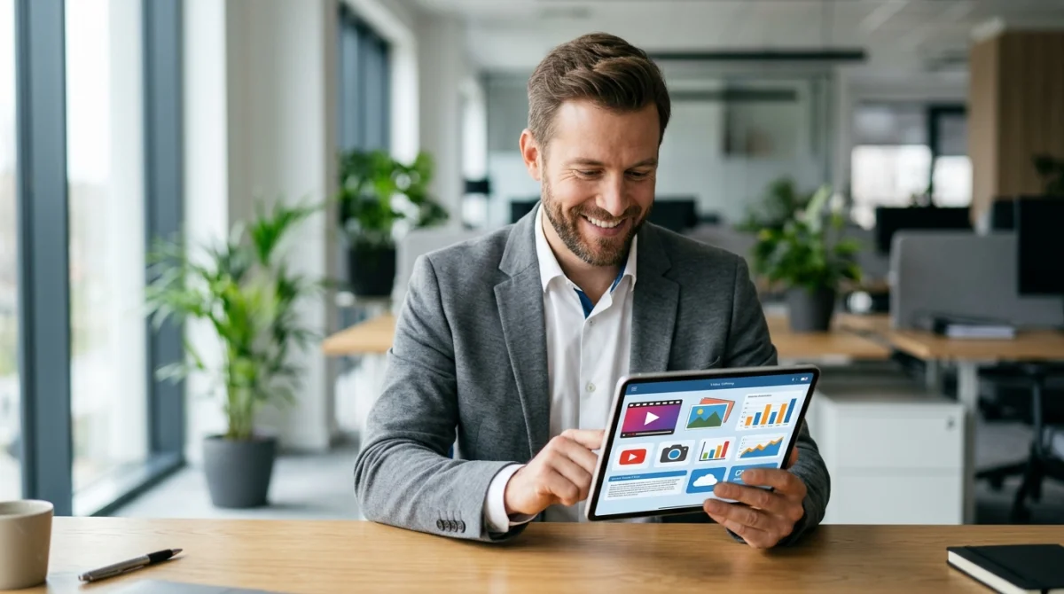 Professionnel souriant consultant des graphiques sur une tablette dans un bureau moderne pour pme-actu.fr.