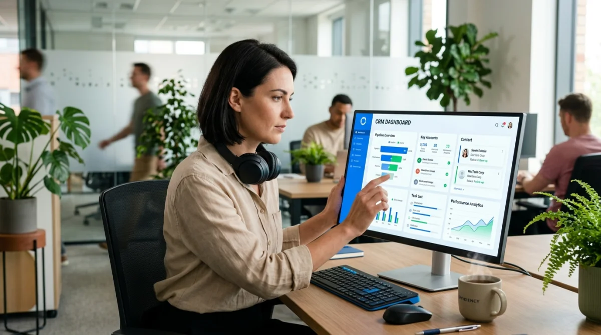 Professionnelle concentrée utilisant une interface CRM moderne sur écran tactile dans un bureau lumineux, solution Corporate360.fr.