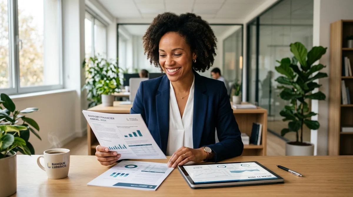 Personne souriante consultant ses finances sur tablette dans un bureau moderne pour calculer quel salaire pour emprunter 250 000 euros.