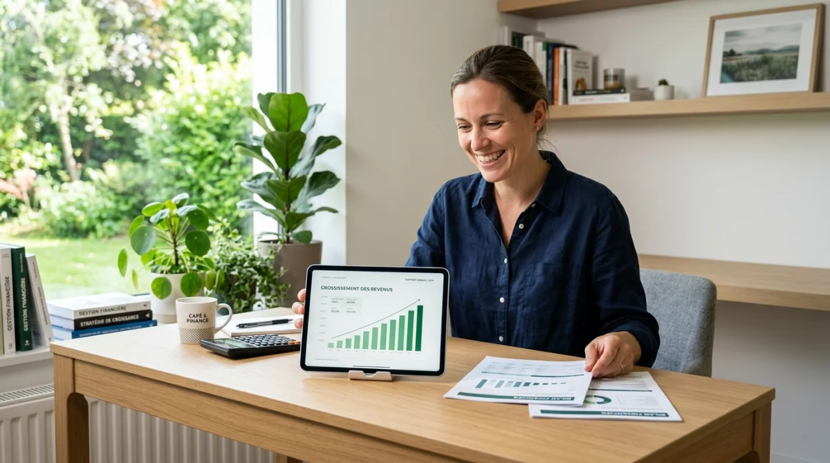 Personne souriante étudiant ses documents financiers et un graphique sur tablette pour calculer son prêt immobilier de 500 000 euros.