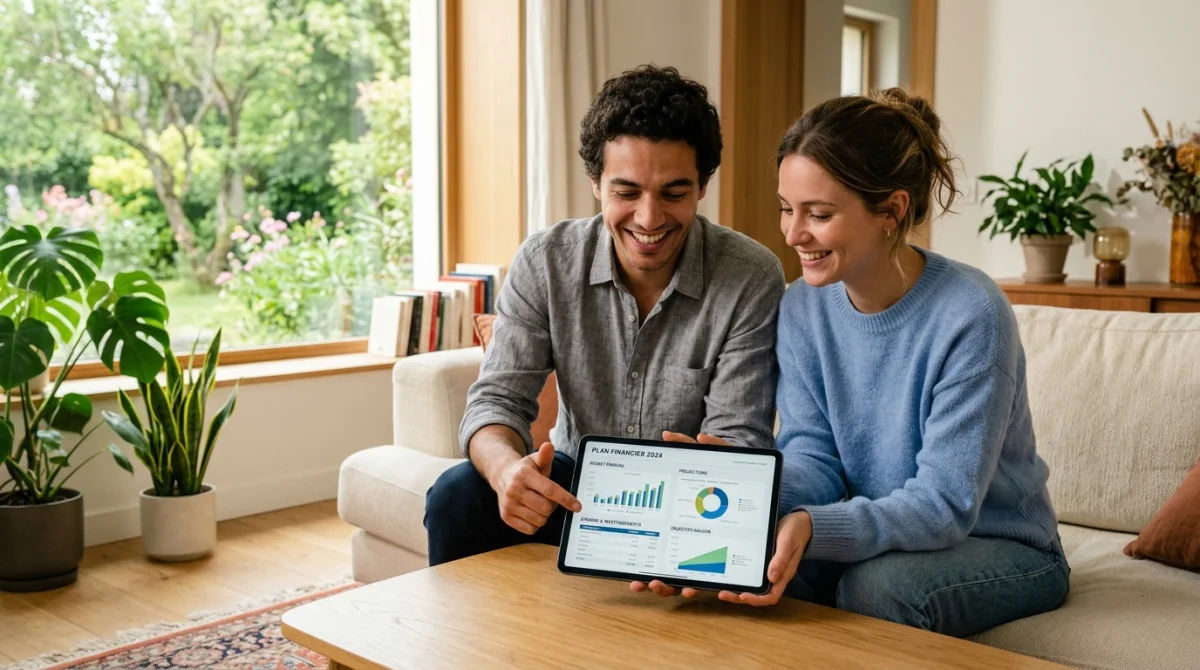 Jeune couple souriant consultant des documents financiers sur tablette pour préparer leur projet immobilier de 500 000 euros.