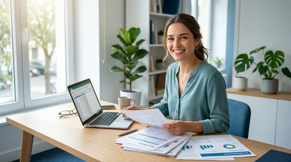 Jeune femme souriante consultant des documents financiers sur son ordinateur pour calculer son salaire et emprunter 150 000 euros.