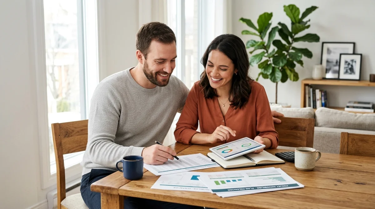 Couple souriant consultant des documents financiers pour planifier leur projet immobilier et emprunter 150 000 euros.