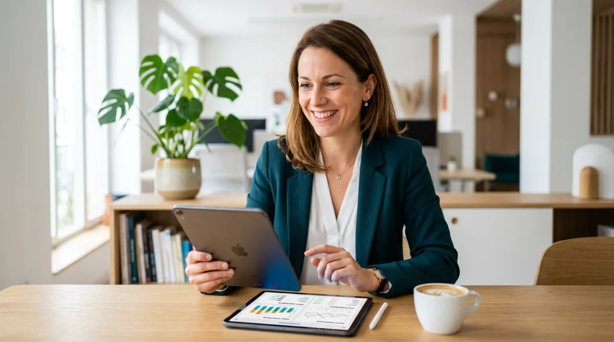 Personne confiante consultant ses finances sur tablette dans un bureau moderne pour calculer son crédit immobilier de 200 000 euros.