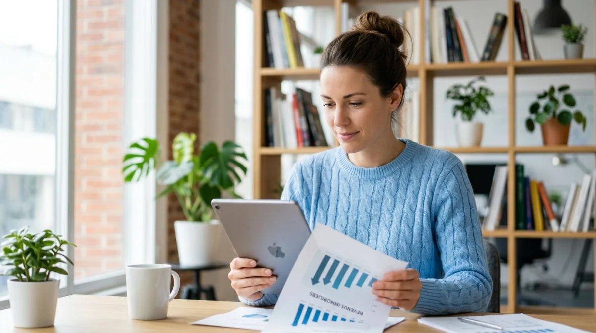 Jeune entrepreneure consultant ses finances sur tablette pour préparer son projet immobilier de 250 000 euros.