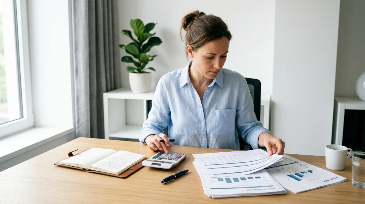 Personne concentrée organisant des documents financiers et une calculatrice pour calculer son prêt immobilier de 300 000 euros.