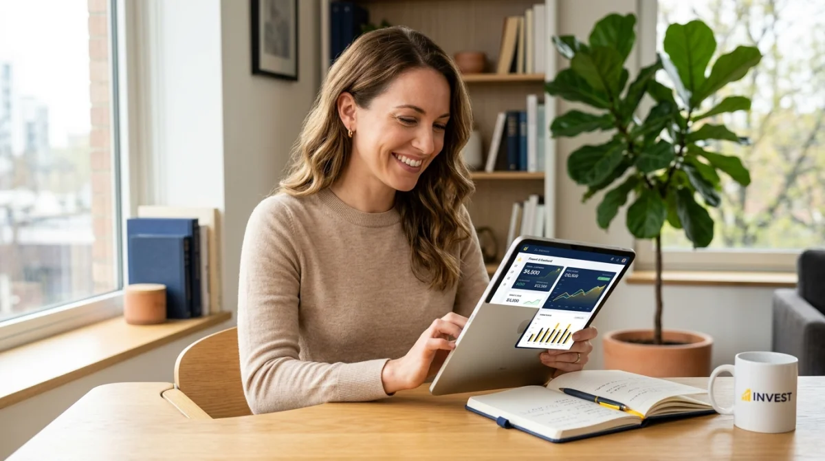 Personne souriante consultant un simulateur financier sur tablette pour déterminer quel salaire pour emprunter 400 000 euros.