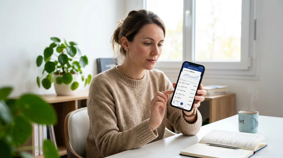 Personne consultant le suivi d'une transaction bancaire sur smartphone pour savoir combien de temps un prélèvement reste en attente.