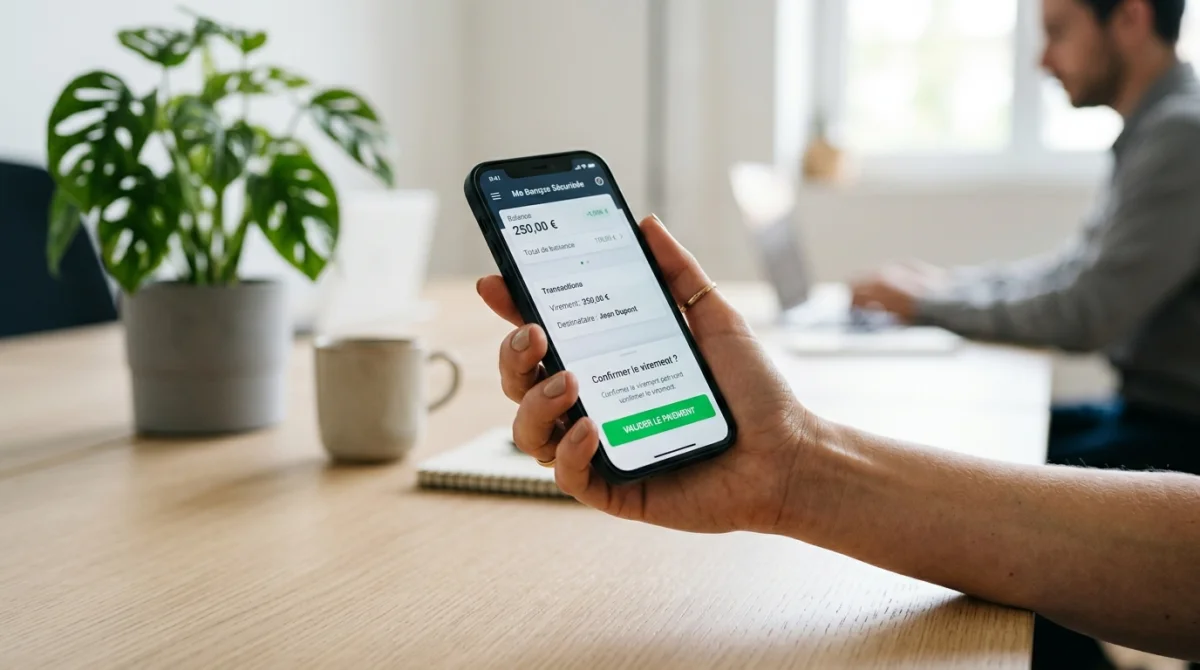 Main tenant un smartphone affichant une application bancaire sécurisée pour valider un virement permanent en ligne.