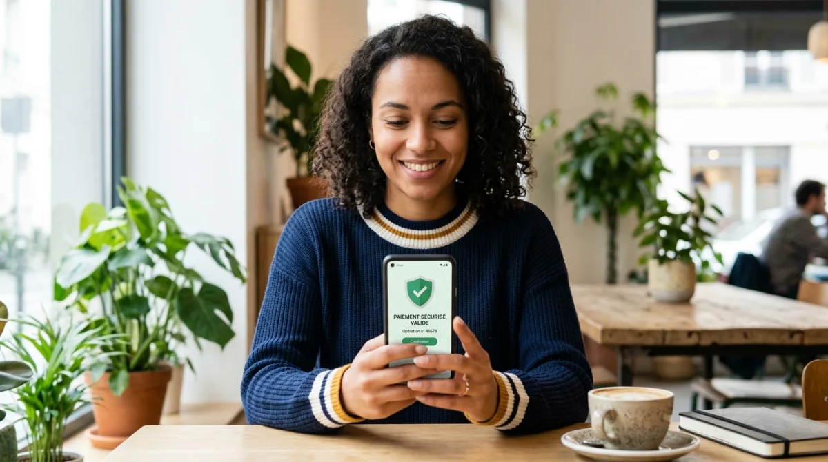 Personne utilisant son smartphone dans un café pour valider sereinement un virement permanent bancaire sécurisé.