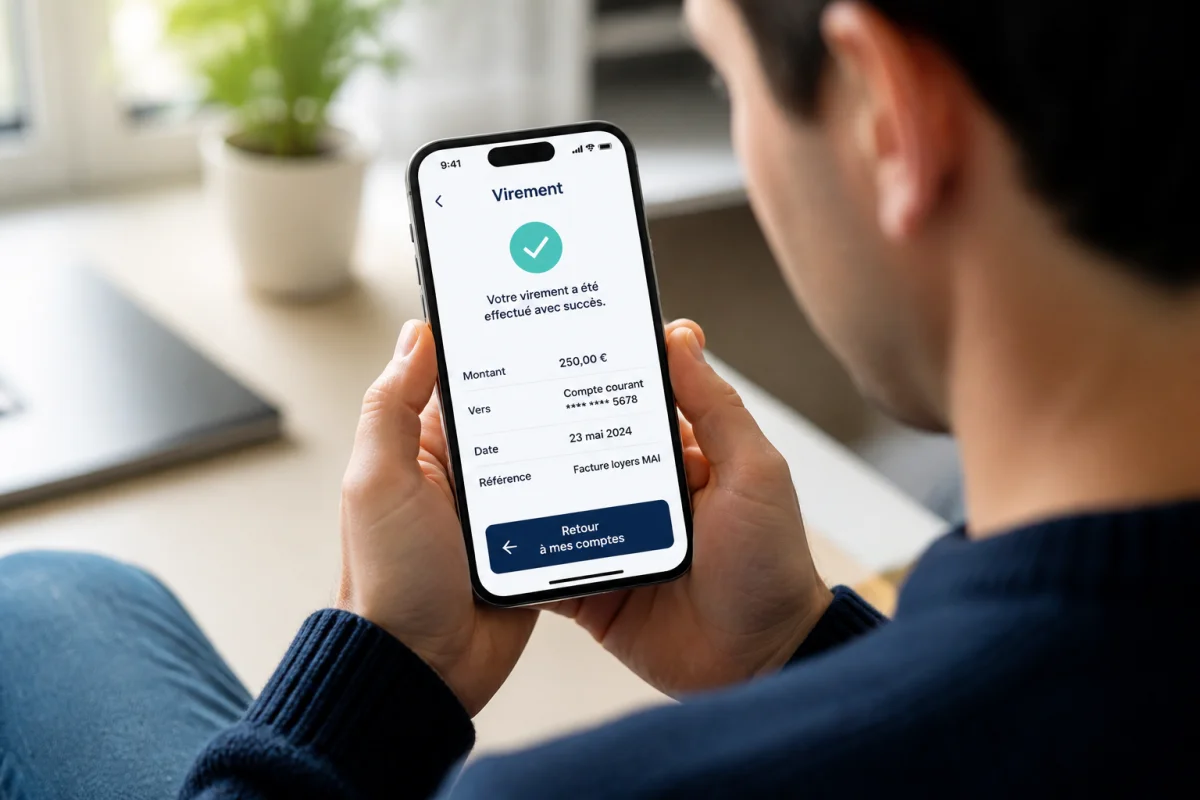 Personne utilisant son smartphone pour gérer une transaction bancaire et annuler un virement Paylib en attente.