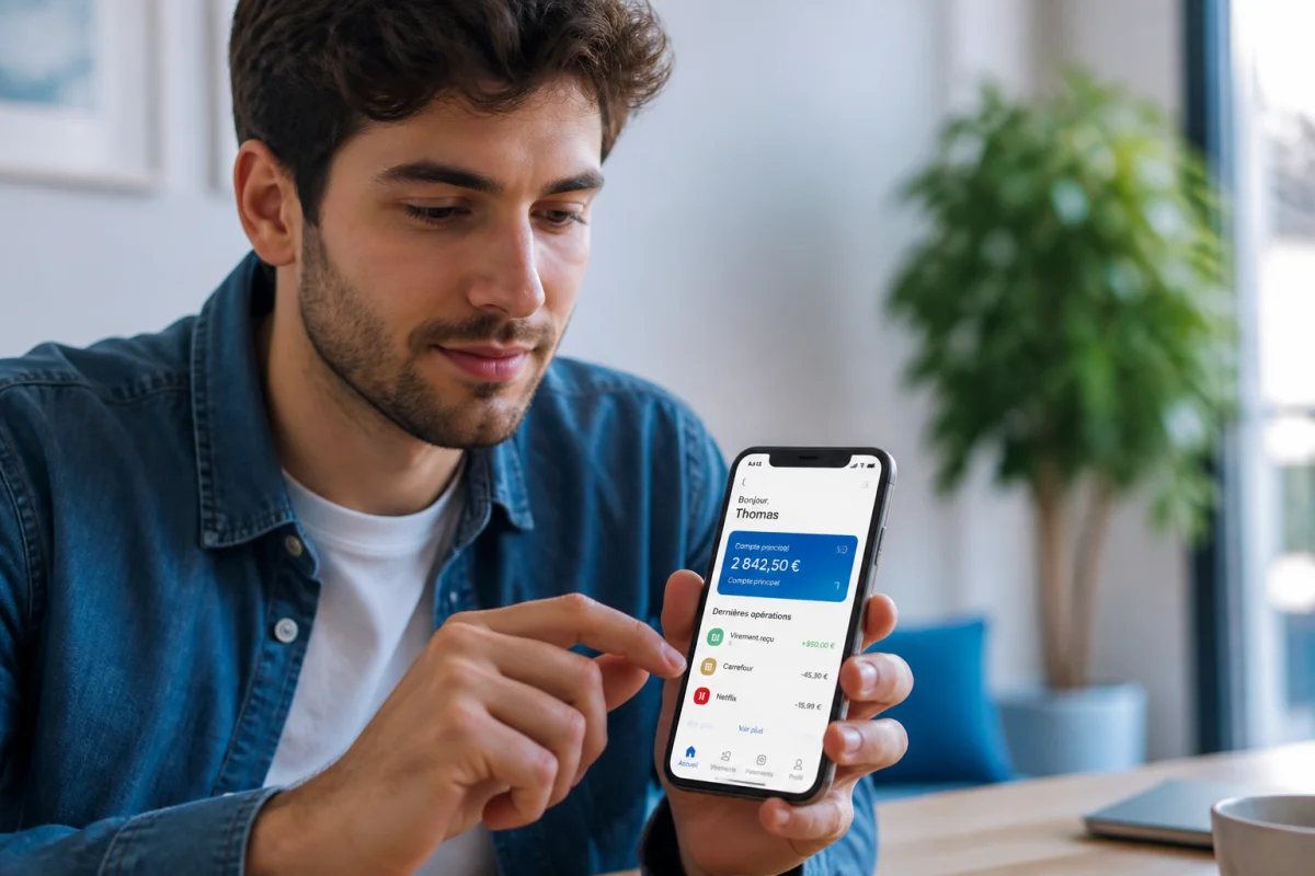 Jeune adulte consultant sereinement une application bancaire sur son smartphone pour savoir comment annuler un virement Paylib en attente.