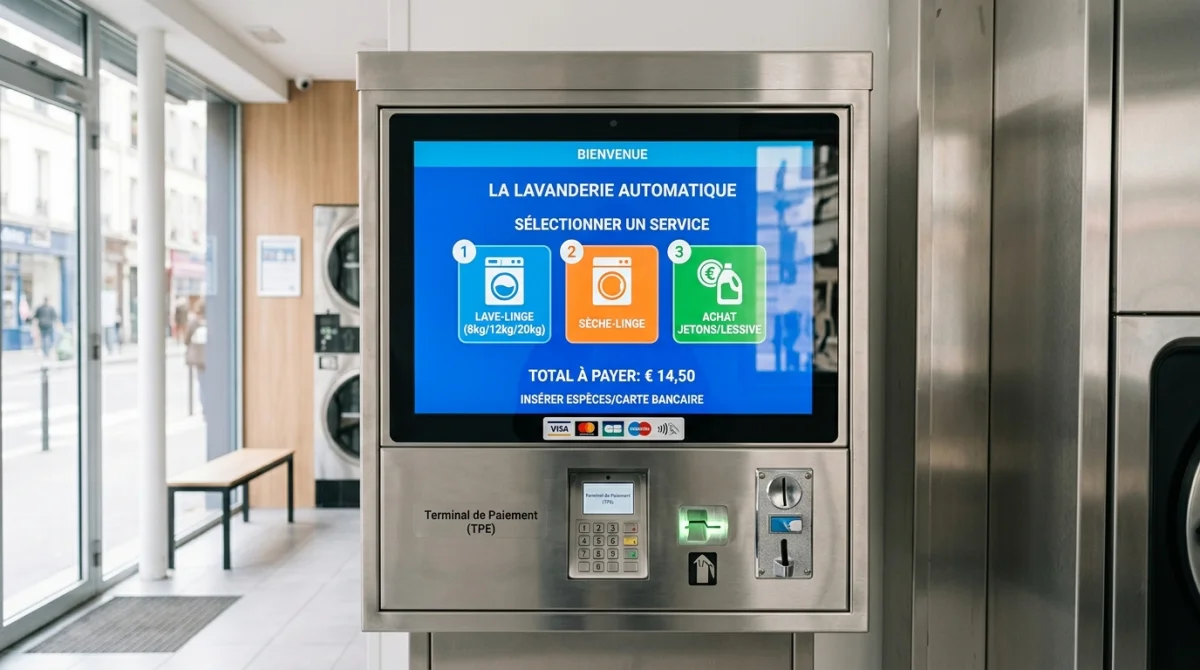 Borne de paiement automatique moderne pour les services ME Groupe France dans un espace urbain lumineux.