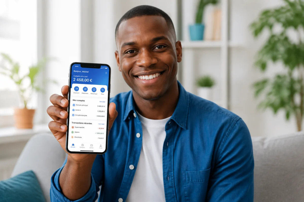 Personne souriante utilisant l'application bancaire sur son smartphone pour expliquer comment faire un virement Paylib facilement.