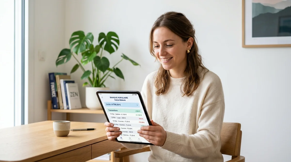 Utilisateur consultant sereinement son relevé bancaire sur tablette pour comprendre un prélèvement Siaci Saint Honoré.