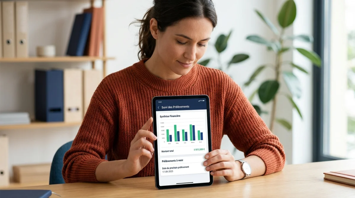 Personne consultant sereinement un document financier sur tablette pour comprendre un prélèvement Siaci Saint Honoré.