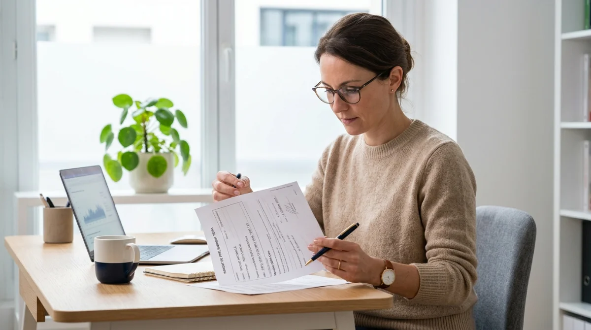 Professionnel consultant un document financier officiel pour la gestion d'un prélèvement Siaci Saint Honoré sur un bureau.