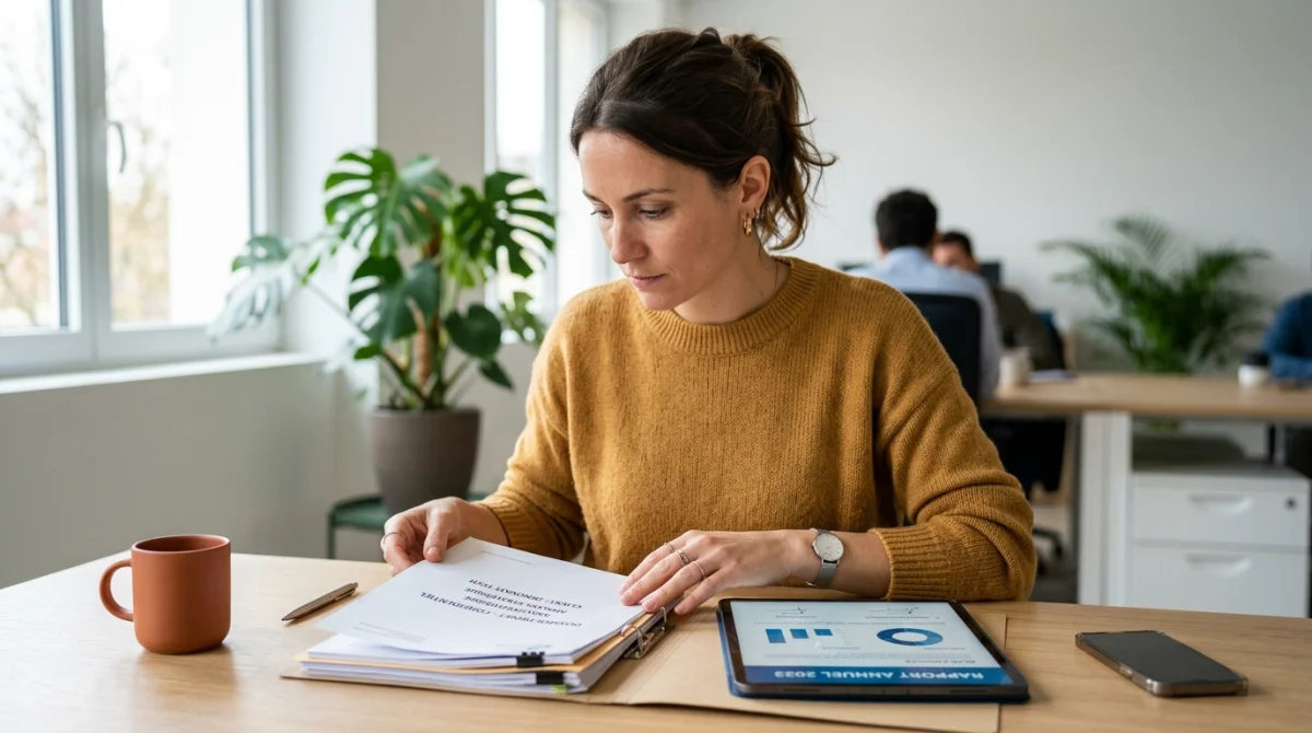 Professionnel consultant un dossier physique et une tablette numérique pour le traitement d'un prlv adis au bureau.