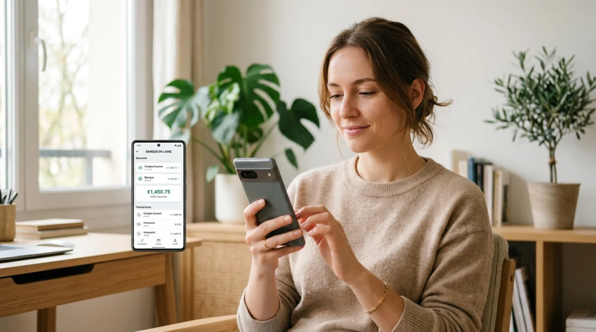 Personne consultant sereinement son interface bancaire sur smartphone pour gérer un prlv carma dans un intérieur lumineux.