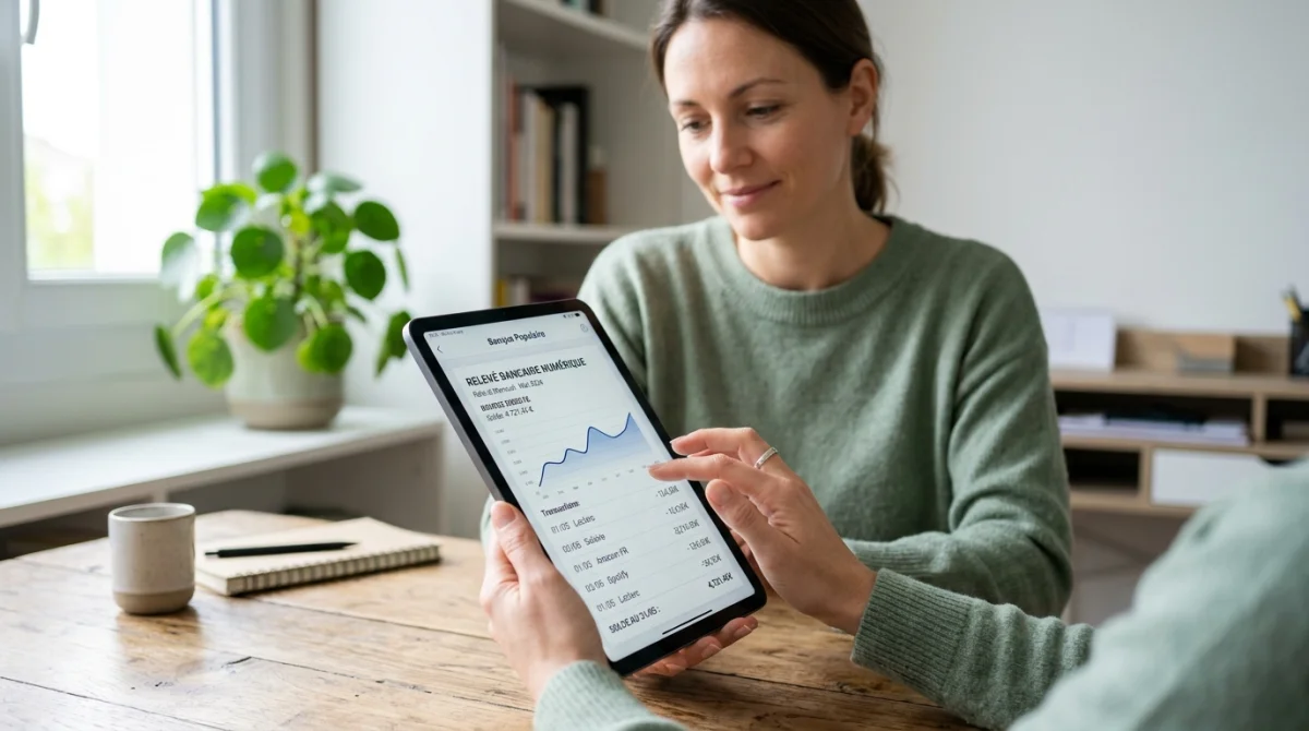 Personne consultant sereinement son relevé bancaire Siaci Saint Honoré sur une tablette dans un bureau moderne lumineux.