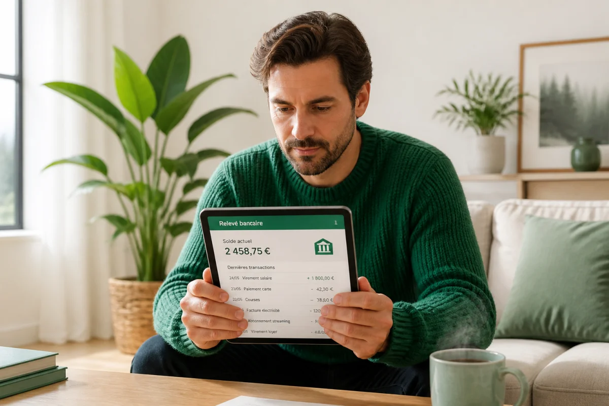 Personne en pull vert émeraude consultant sereinement un relevé bancaire numérique GB London sur sa tablette.