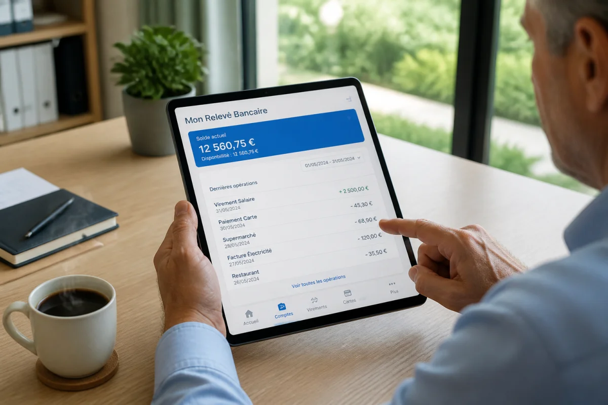 Personne consultant son relevé bancaire numérique Mutex NSI sur une tablette dans un bureau moderne et lumineux.
