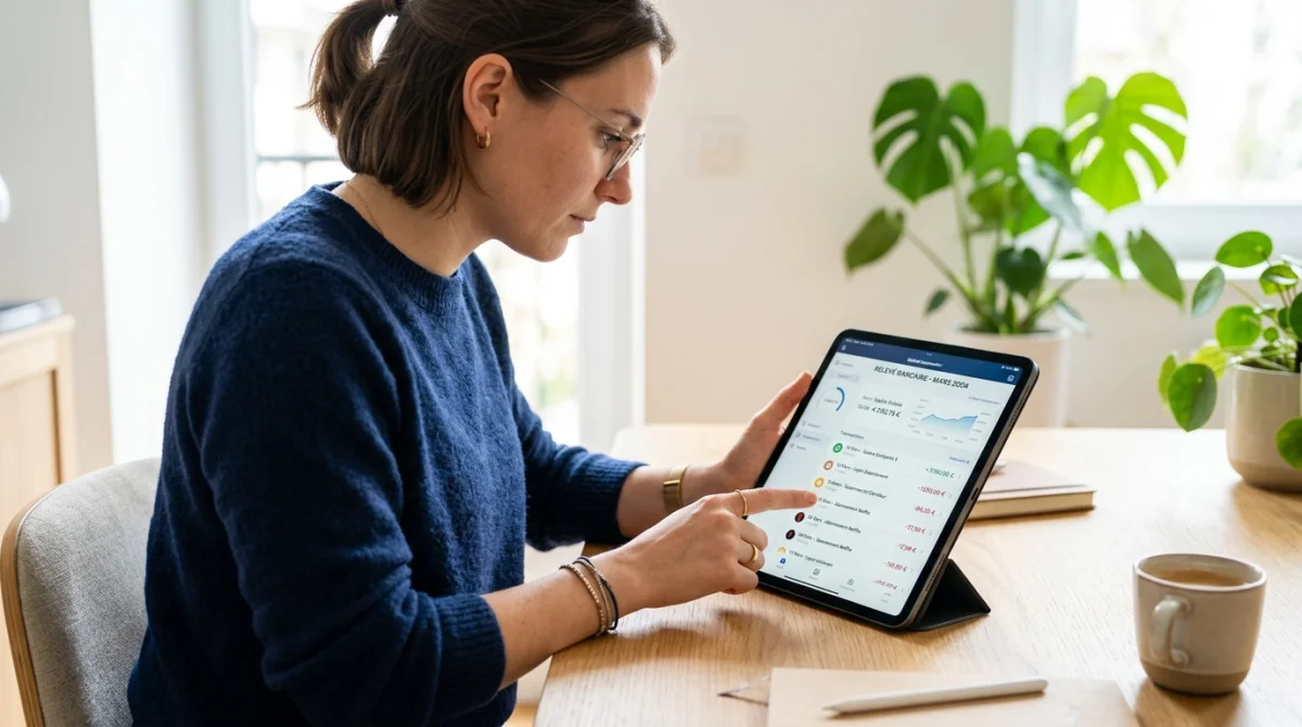 Personne consultant un relevé bancaire numérique sur une tablette dans un bureau lumineux pour gérer son prlv adis.
