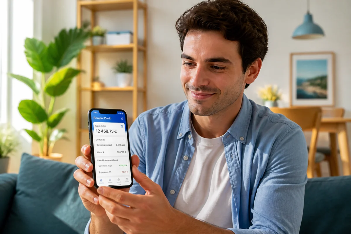 Personne sereine consultant ses finances sur un smartphone pour savoir si un virement arrive sur son compte bancaire.