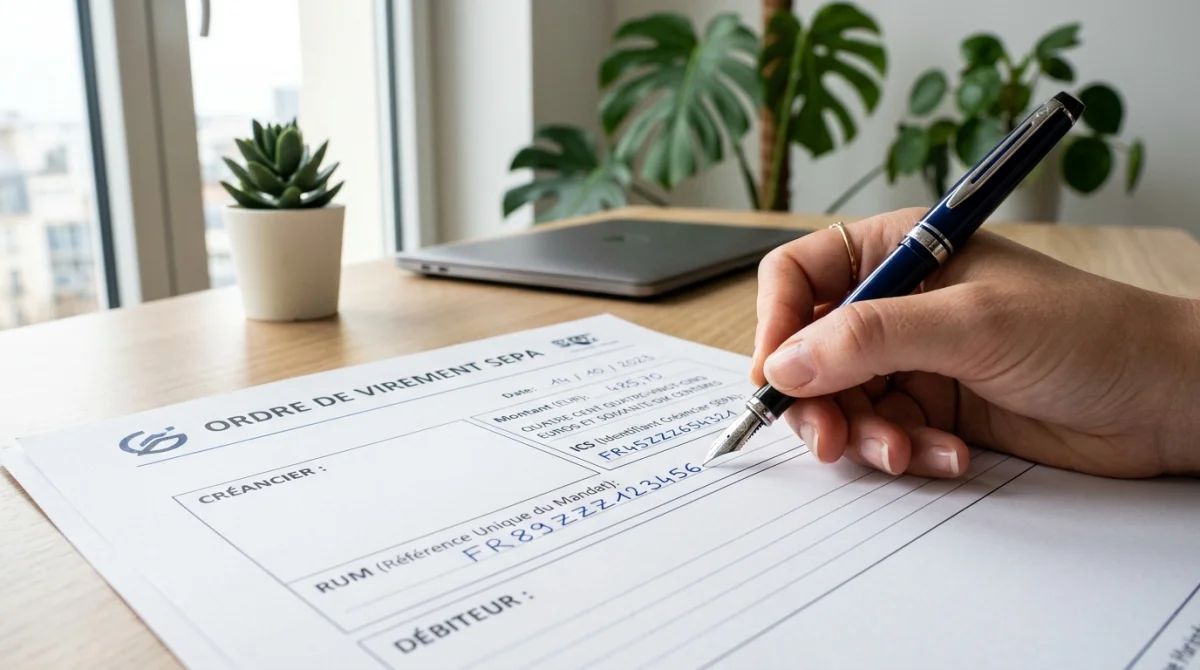 Main signant un document financier WTW France avec les champs de prélèvement clairement identifiés sur un bureau moderne.