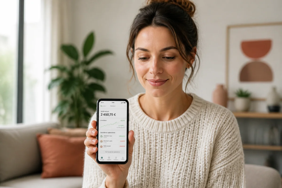 Femme consultant sereinement l'application bancaire Mutex NSI sur son smartphone dans un intérieur moderne et lumineux.