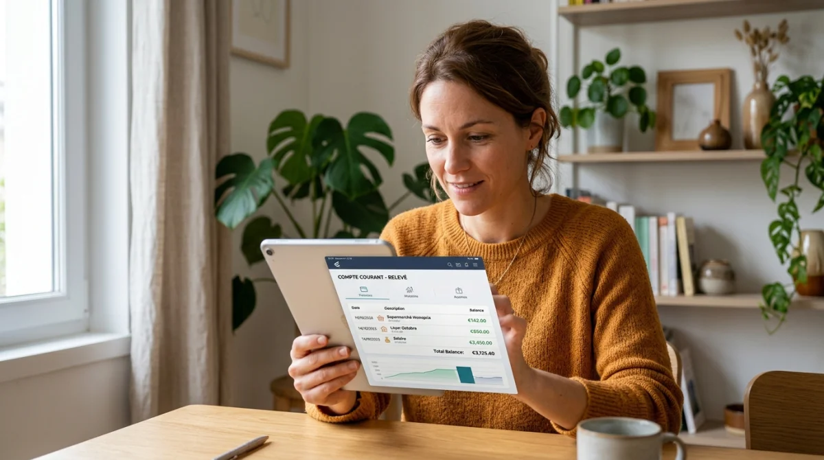 Femme consultant ses prélèvements bancaires sur une tablette dans un salon moderne pour une gestion financière sereine.