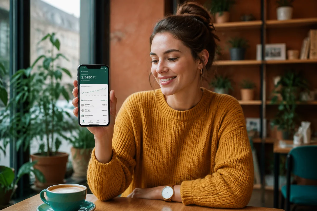 Jeune femme souriante utilisant son smartphone dans un café pour effectuer un virement Paylib de manière simple.