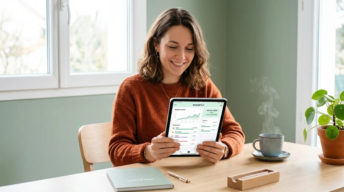 Jeune personne consultant une interface de gestion de budget sur tablette pour un prélèvement Worldpay dans un bureau.
