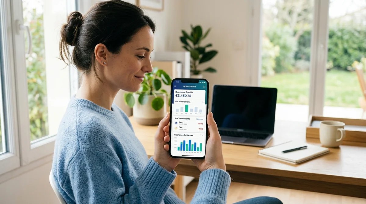 Personne consultant sereinement son contrat de prélèvement hpy auto sur l'application mobile de son smartphone.