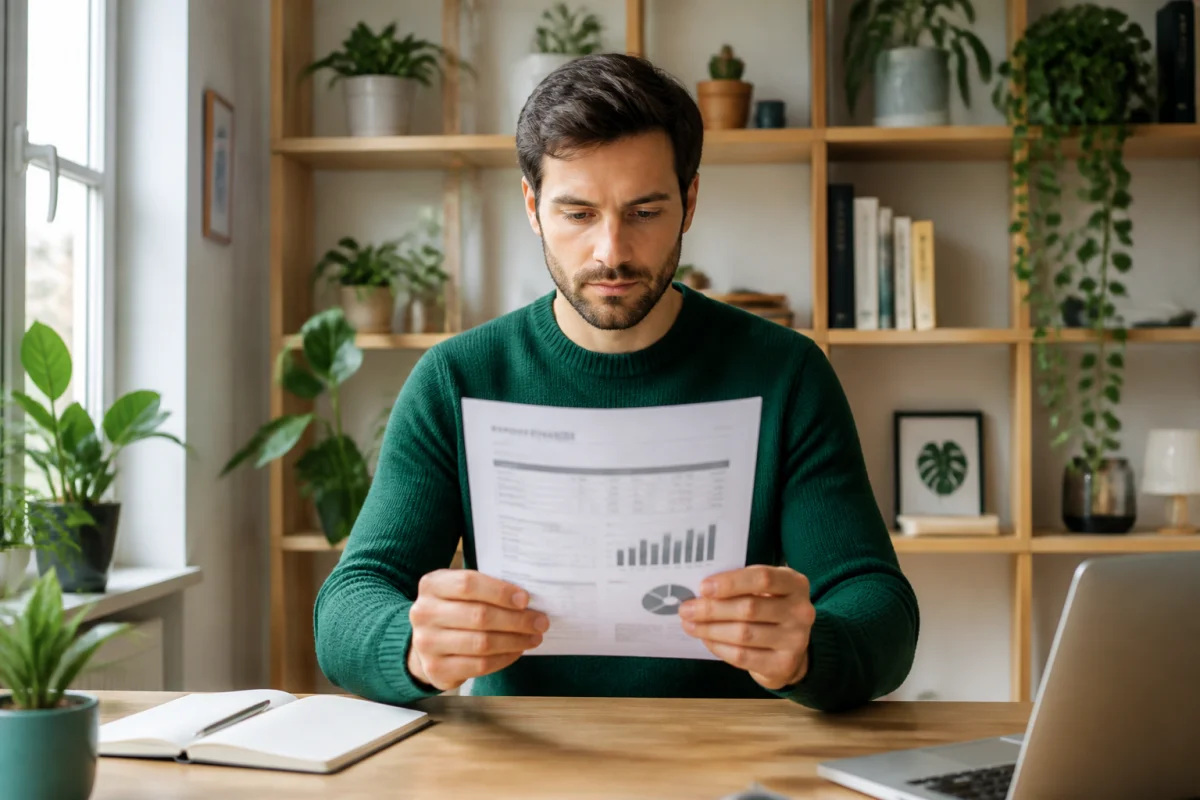 Personne examinant un document financier pour un pf prlv cb paris 9 dans un bureau moderne lumineux.