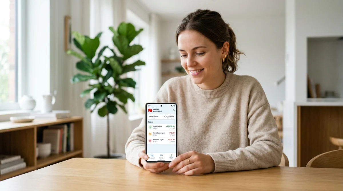 Personne consultant sereinement ses transactions bancaires sur smartphone pour vérifier un prélèvement Cash Loisir de 21 euros.