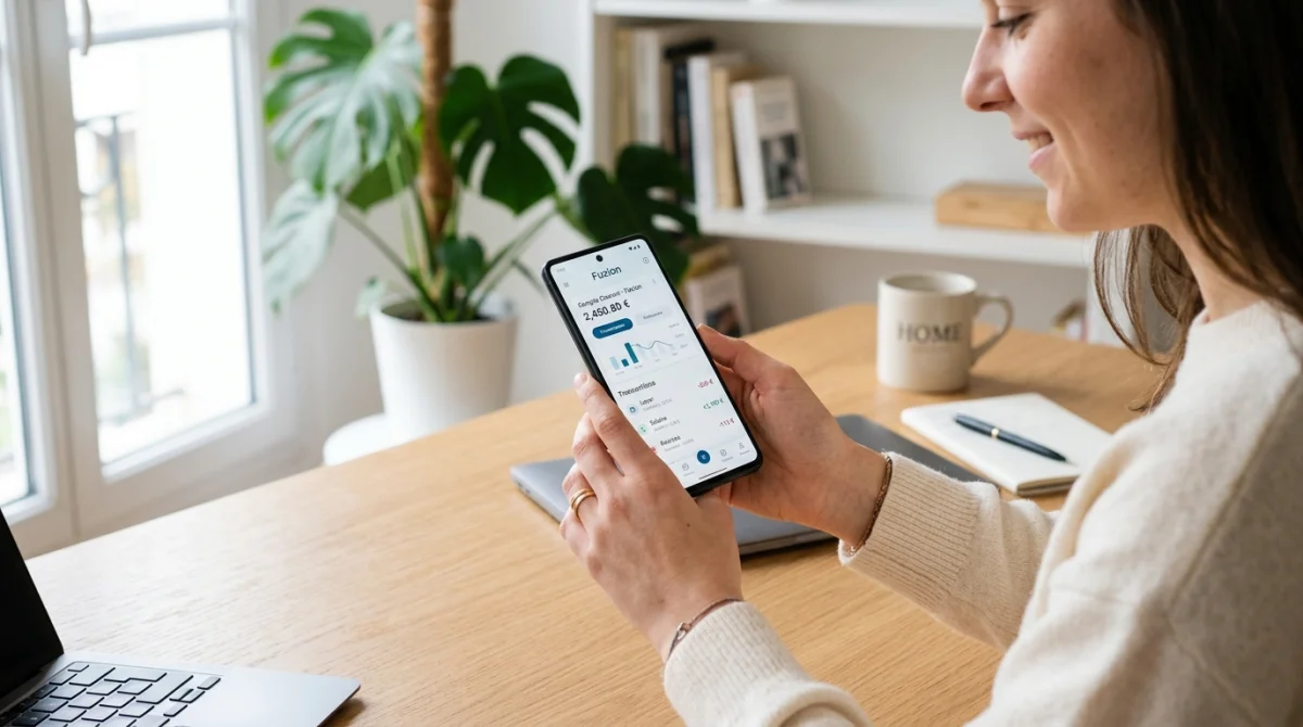 Personne consultant sereinement ses comptes bancaires sur smartphone pour gérer ses opérations de prélèvement Fuzion en toute simplicité.