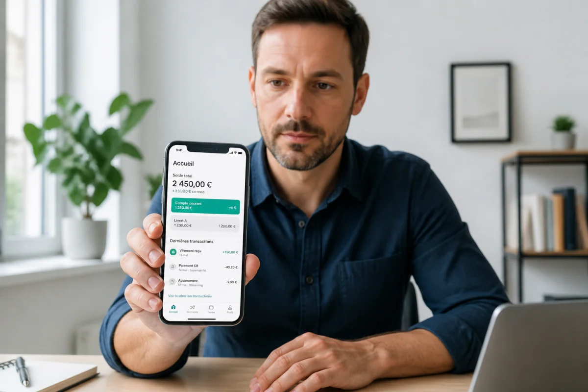 Personne consultant une application bancaire sur smartphone pour gérer un prélèvement GB London dans un bureau moderne.
