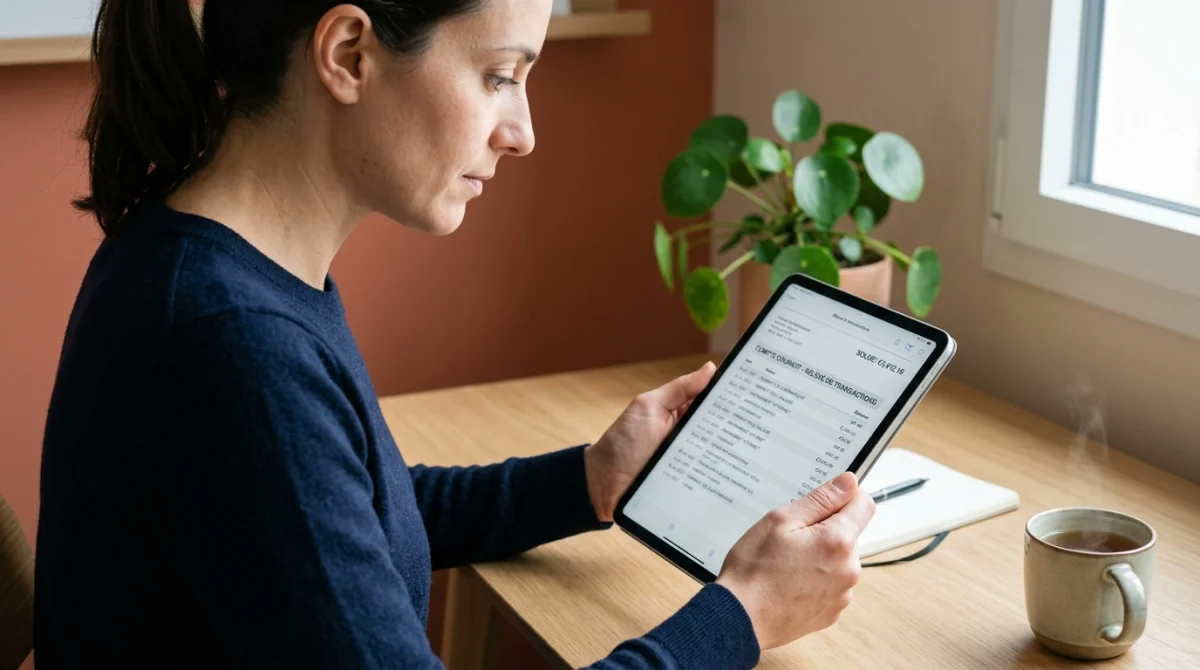 Personne consultant attentivement les détails d'un prélèvement européen acc sur une tablette dans un bureau moderne.