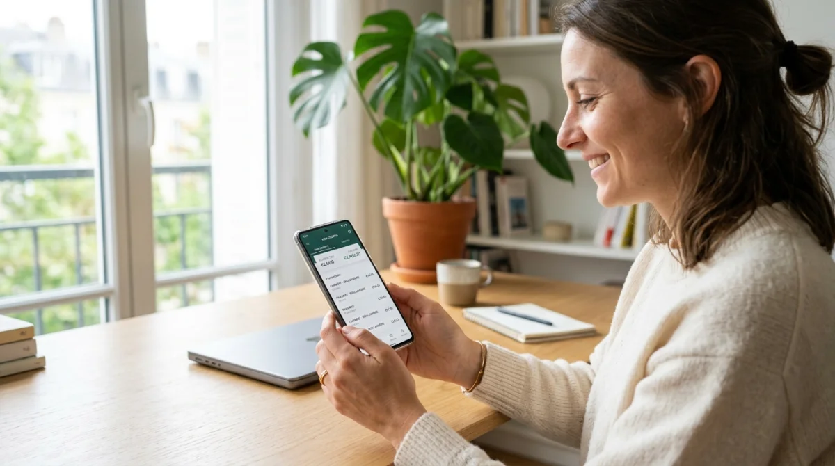 Personne consultant sereinement son relevé de prélèvement européen acc sur un smartphone dans un bureau lumineux.