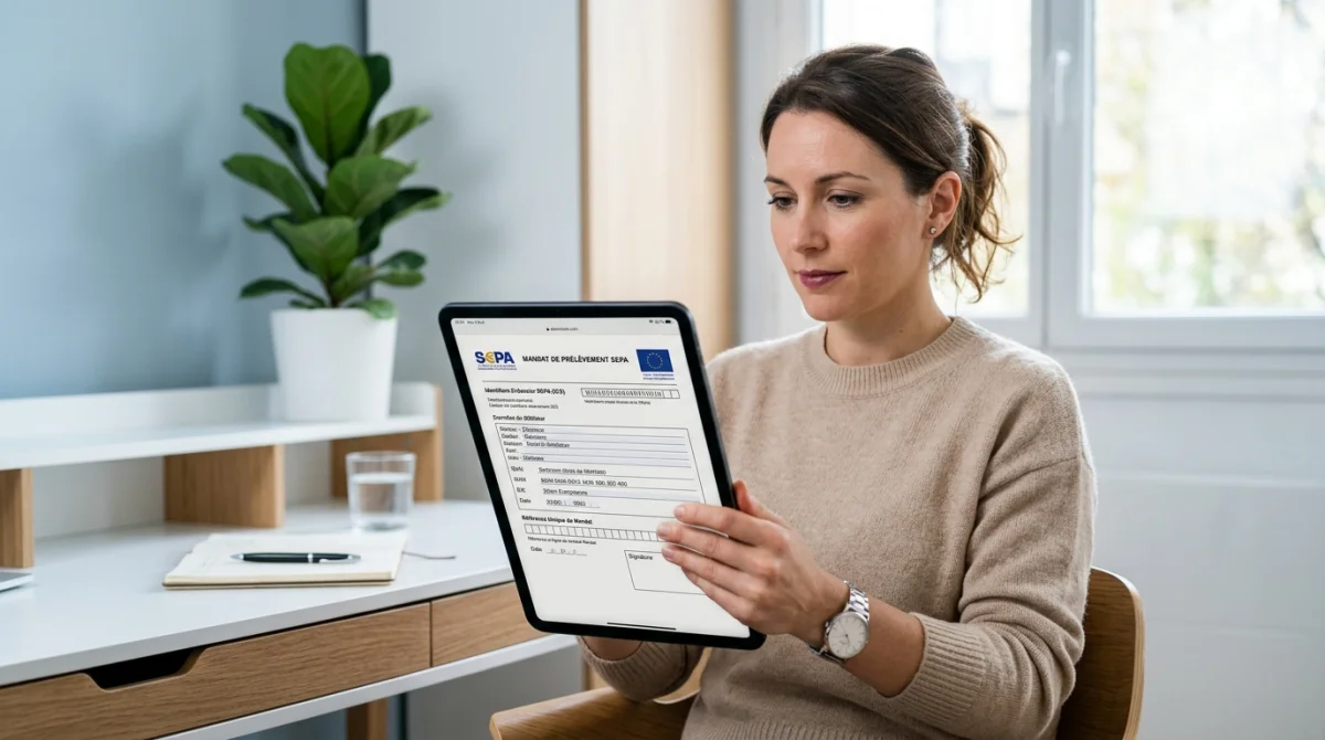 Personne consultant un document de prélèvement bancaire Meyclub Levallois sur une tablette dans un bureau moderne.