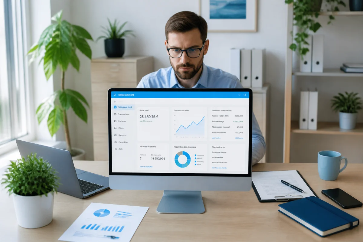 Professionnel concentré travaillant sur la gestion de données financières et formulaires pour le prlv eps au bureau.