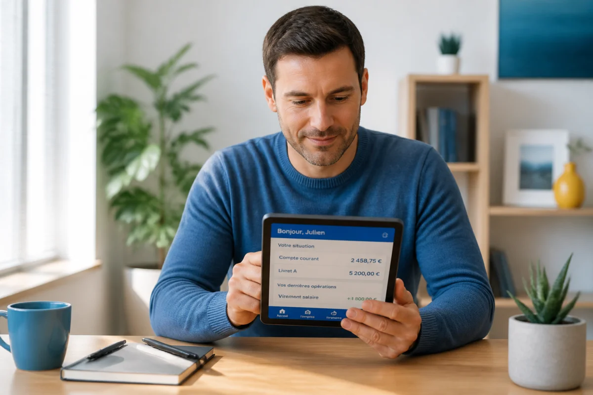 Personne sereine consultant une interface bancaire simplifiée sur tablette pour une gestion sécurisée de prlv sepa comutitres sas-sig.