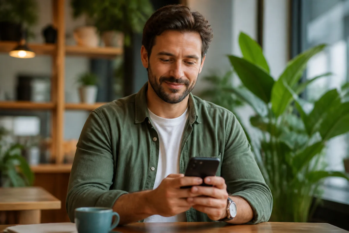 Personne sereine consultant son smartphone pour une gestion financière simplifiée type pf prlv cb paris 9.
