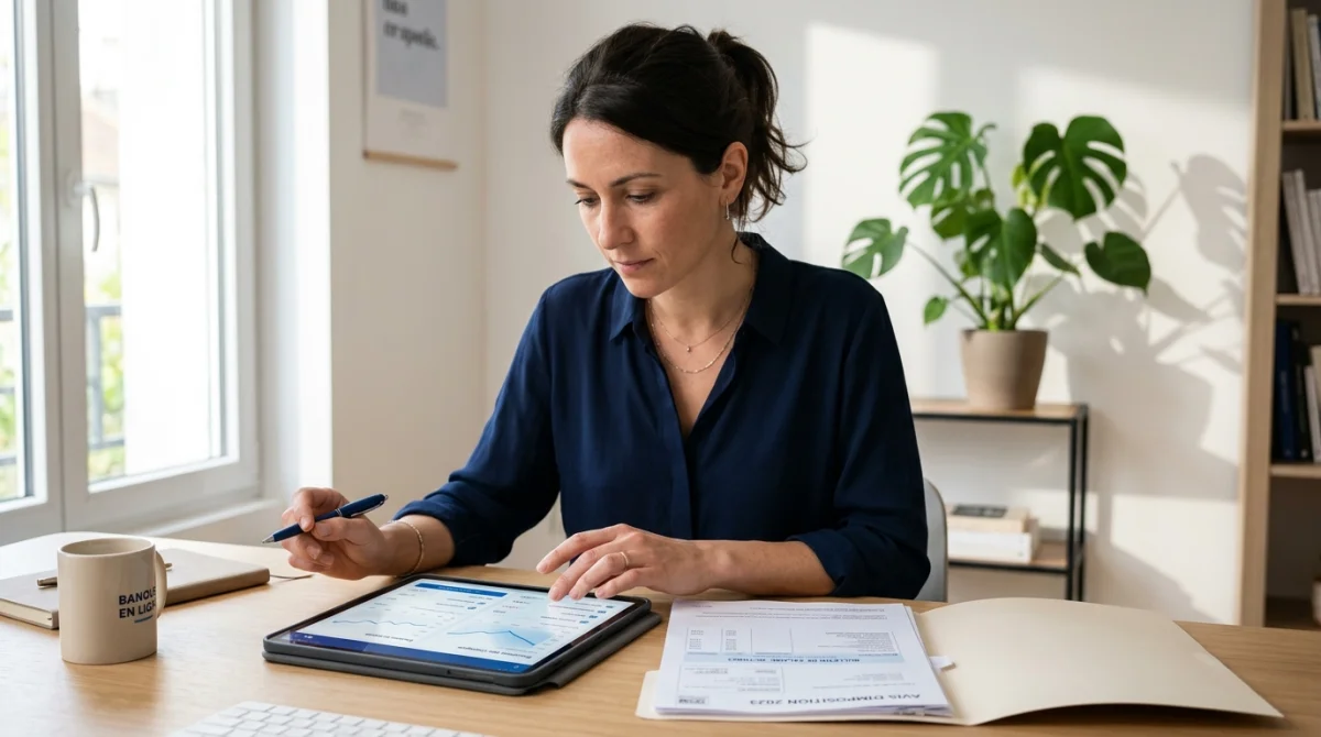 Personne consultant des documents administratifs et des données bancaires sur tablette pour vérifier un prélèvement HomeServe abusif.
